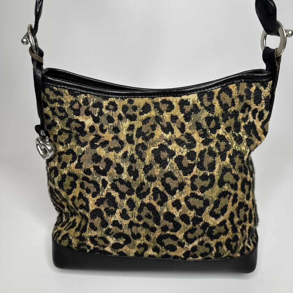 Brighton Leopard Print Leather Hobo Shoulder Bag Silver Hardware Braided Y2K